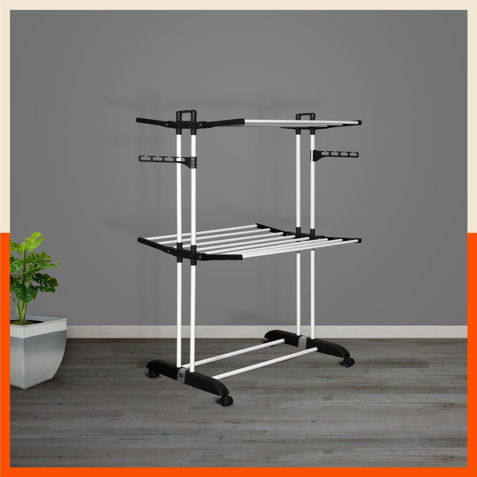 Bathla Mobidry Terra 2 Level Steel Modular Cloth Drying Stand For Home (Black - Medium) Made in India