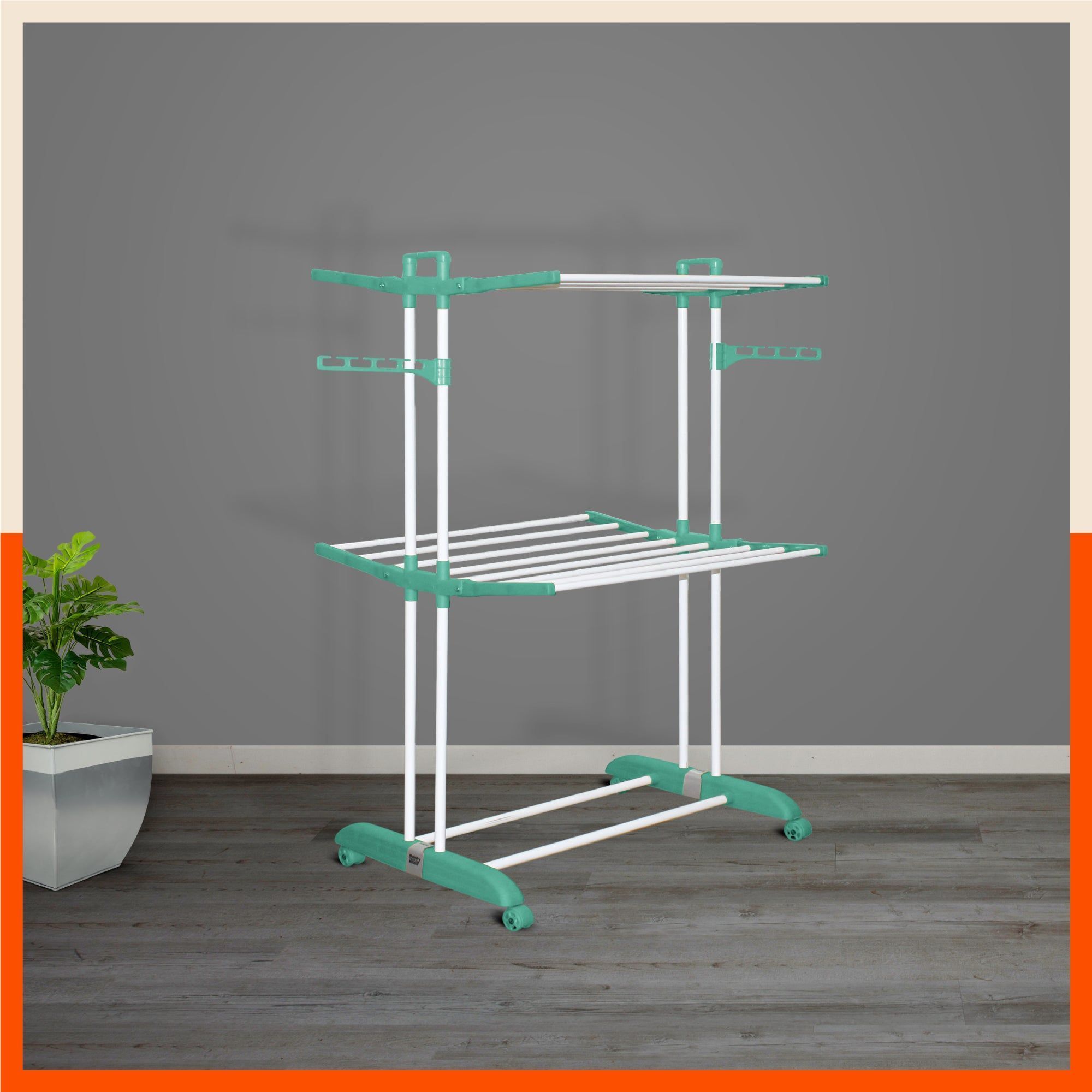 Bathla Mobidry Terra 2 Level Steel Modular Cloth Drying Stand For Home (Teal - Medium) Made in India