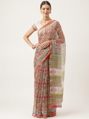 Divena Maroon HandBlock Kota Doria Saree