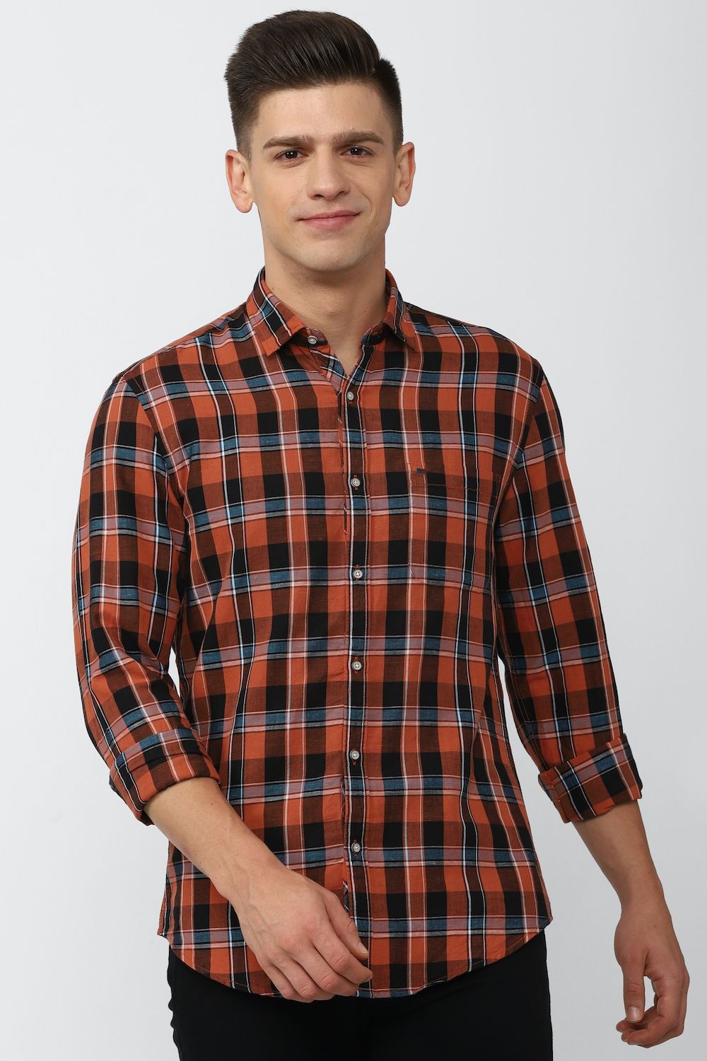 Men Orange Super Slim Fit Check Full Sleeves Casual Shirt