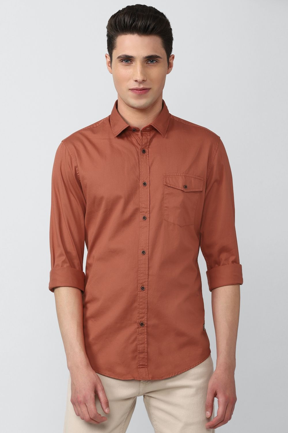 Men Orange Super Slim Fit Solid Full Sleeves Casual Shirt