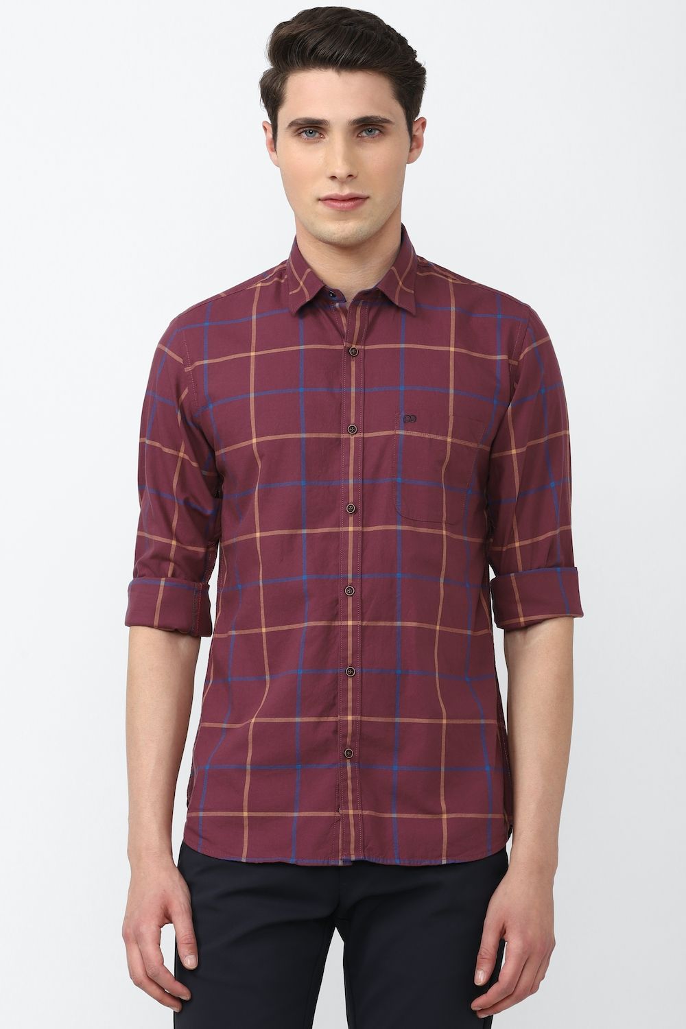 Men Maroon Slim Fit Check Full Sleeves Casual Shirt