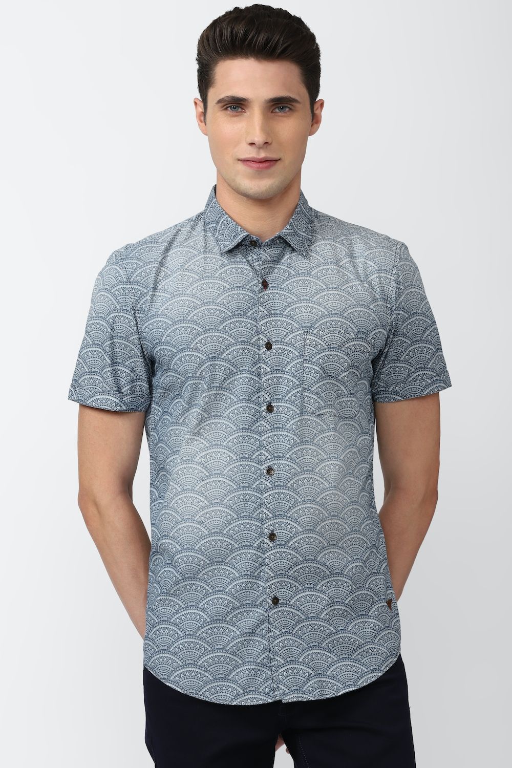 Men Blue Super Slim Fit Print Half Sleeves Casual Shirt