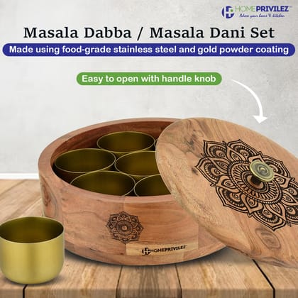 “Ethnic” Wooden Spice Box/Masala Dabba Set for Kitchen with engraved Ethnic Design on Wood with Gold Steel Spice Jars – 8 Pcs set (Brown) “Ethnic” Wooden Spice Box/Masala Dabba Set for Kitchen with engraved Ethnic Design on Wood with Gold Steel Spice Jars – 8 Pcs set (Brown)