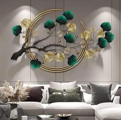 SRF HANDICRAFT 3D Multicolour Metal Tree Shape Gingko Leaf Wall Hanging Wall Sculptures for Home Decoration, Bedroom, Living Room, Hotel & Restaurant (Size-46X26 Inch).
