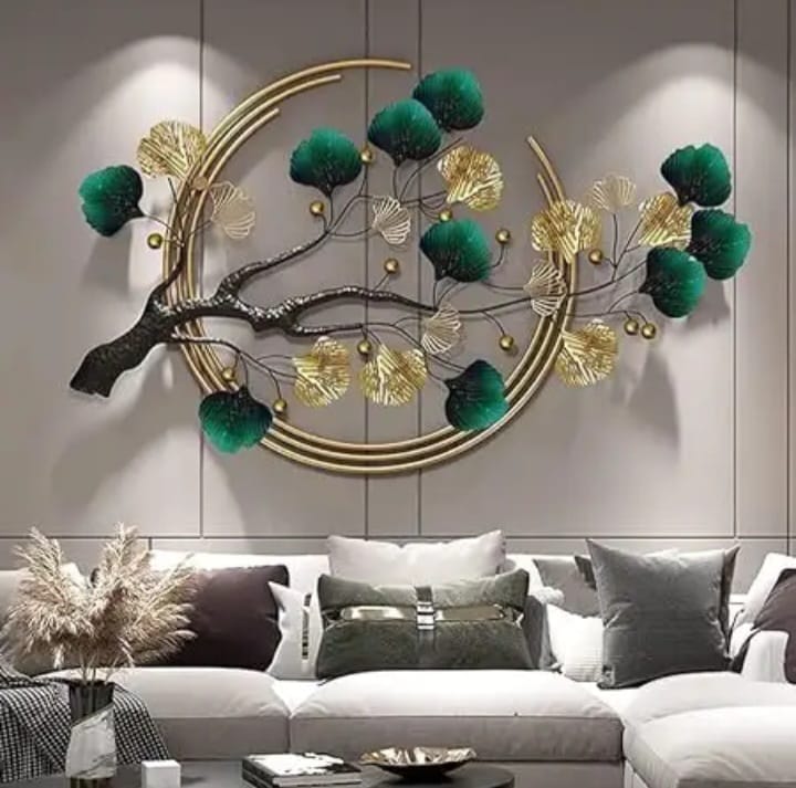 SRF HANDICRAFT 3D Multicolour Metal Tree Shape Gingko Leaf Wall Hanging Wall Sculptures for Home Decoration, Bedroom, Living Room, Hotel & Restaurant (Size-46X26 Inch).