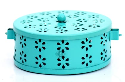 Mosquito Coil Box with Handle Metal Hollow Out Mosquito Coil Holder Fireproof Incense Round Shape Coil Incense Burner (Sky)
