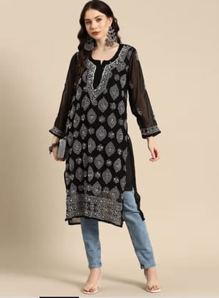 Georgette Mirror Work Black Chikankari Kurti