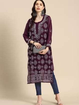 Mirror Work Wine Georgette Chikankari Kurti