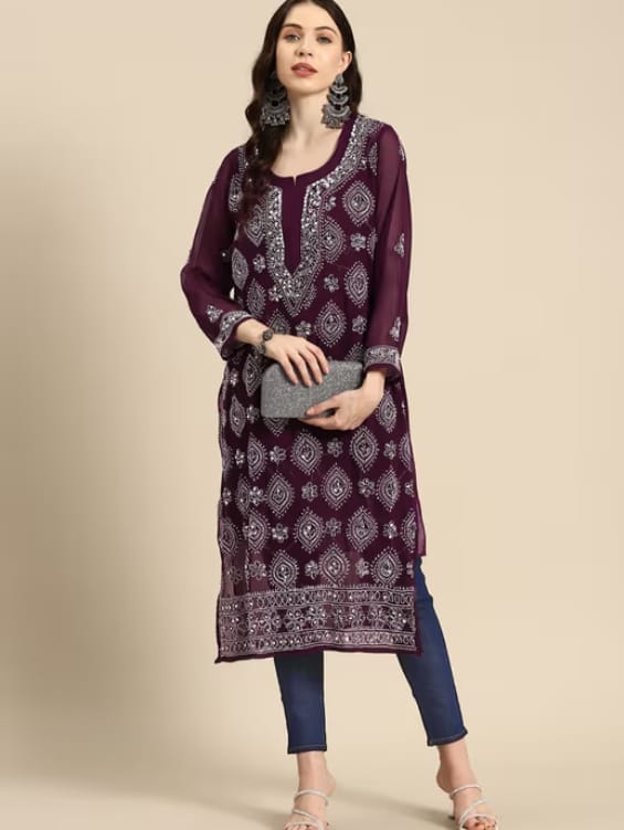 Mirror Work Wine Georgette Chikankari Kurti