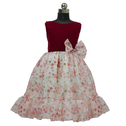 HEYKIDOO Printed Organza & Velvet Girls Christmas Party Wear Frock Dress-Off White & Maroon