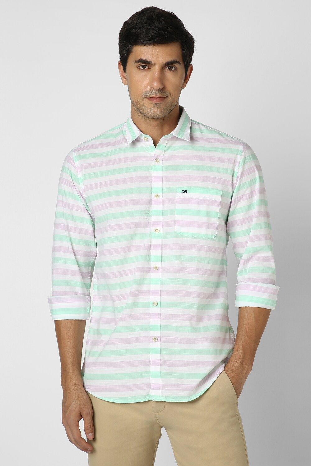 Men White Slim Fit Stripe Full Sleeves Casual Shirt