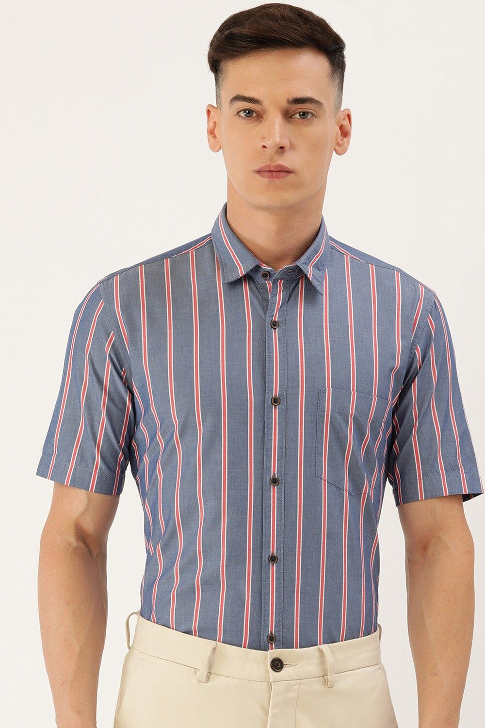Men Blue Slim Fit Stripe Half Sleeves Casual Shirt