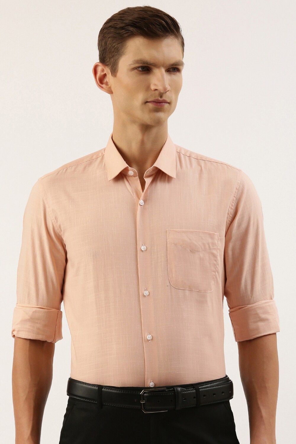 Men Peach Regular Fit Formal Full Sleeves Formal Shirt