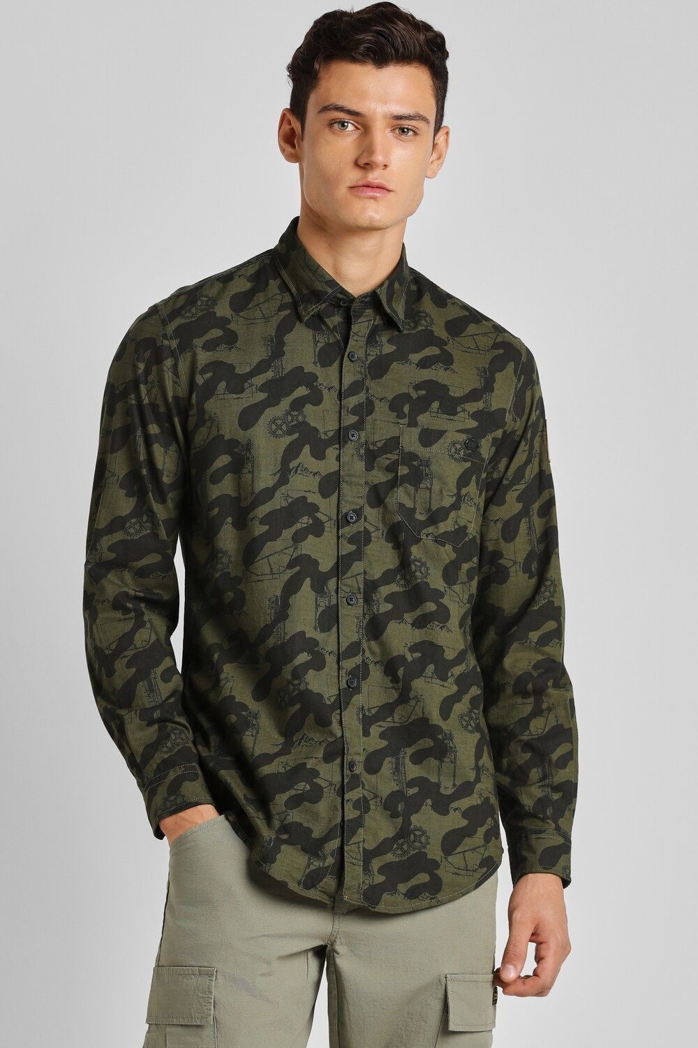 Men Olive Slim Fit Print Full Sleeves Casual Shirt