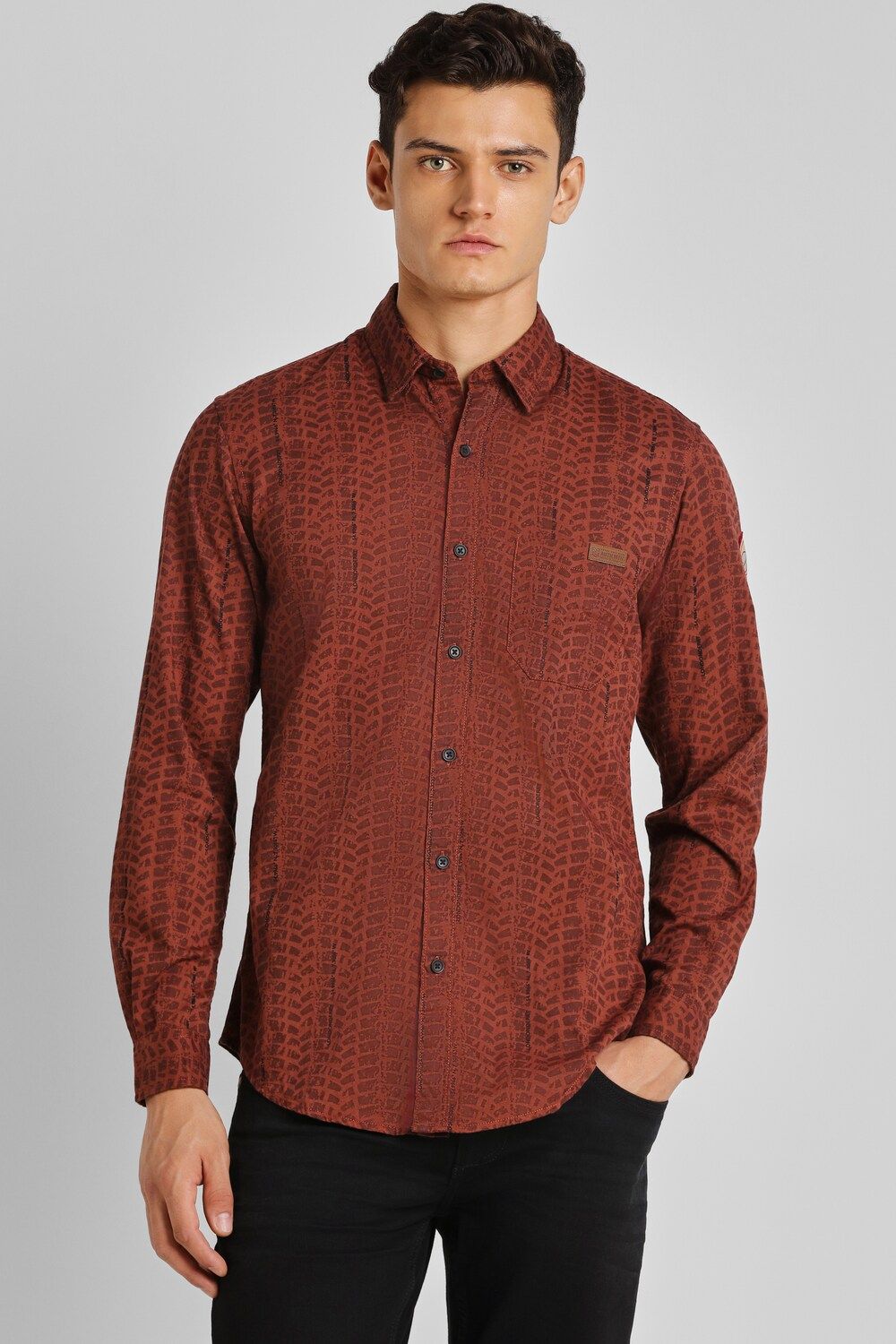 Men Brown Slim Fit Print Full Sleeves Casual Shirt