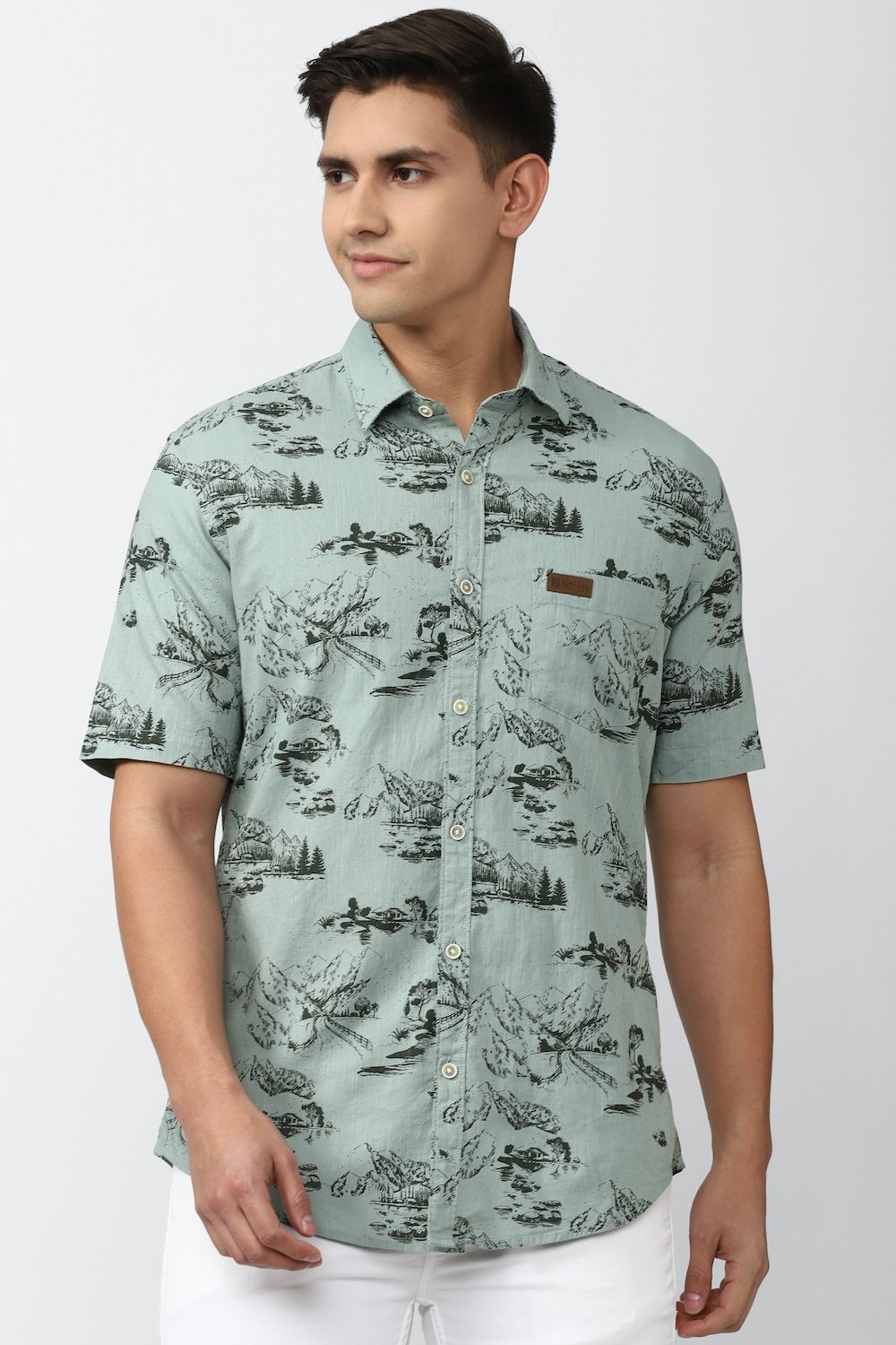 Men Green Slim Fit Print Half Sleeves Casual Shirt