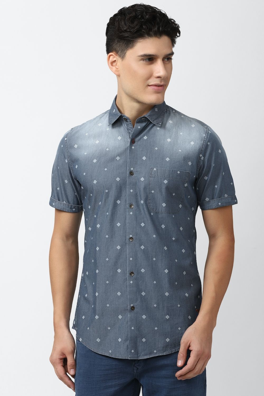 Men Grey Super Slim Fit Print Half Sleeves Casual Shirt