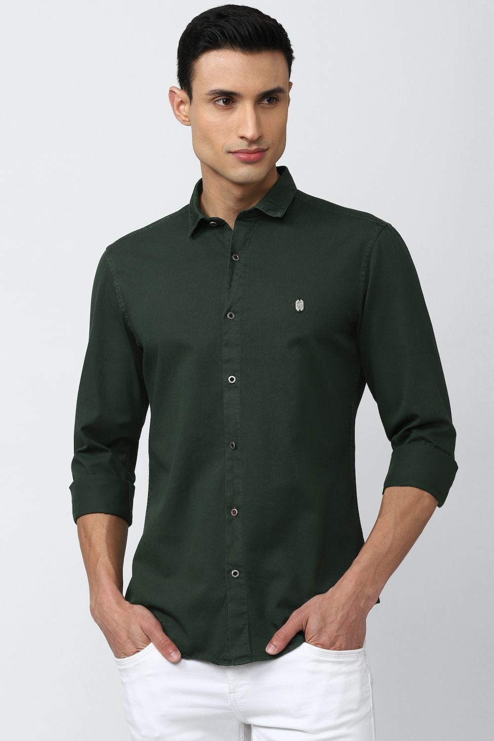 Men Green Super Slim Fit Solid Full Sleeves Casual Shirt