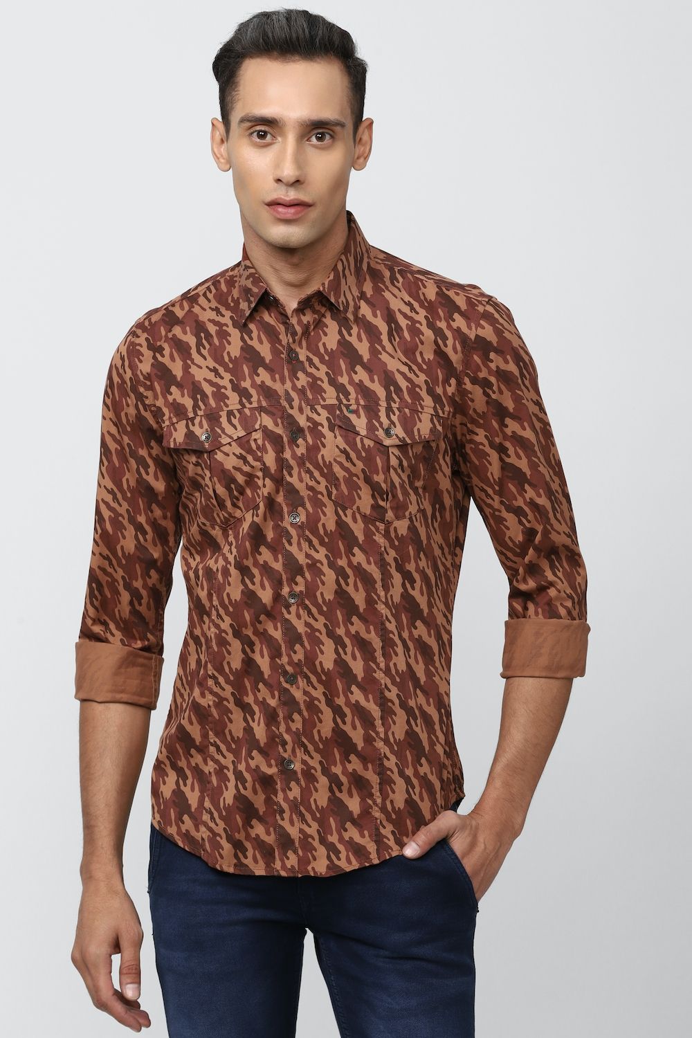 Men Brown Super Slim Fit Print Full Sleeves Casual Shirt