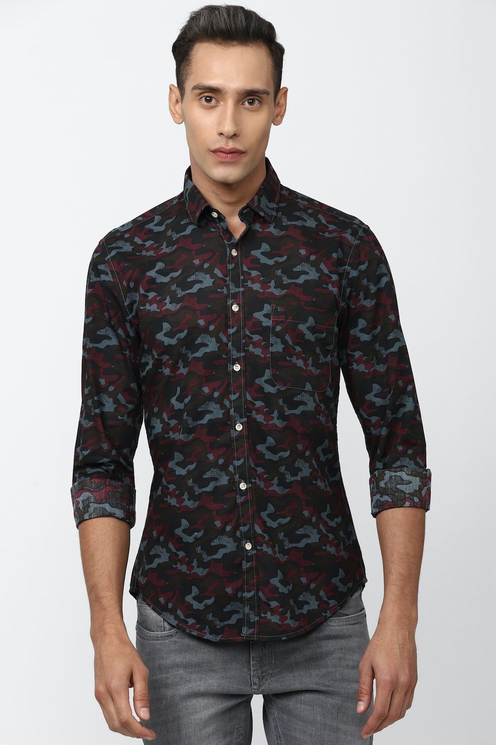 Men Black Super Slim Fit Print Full Sleeves Casual Shirt