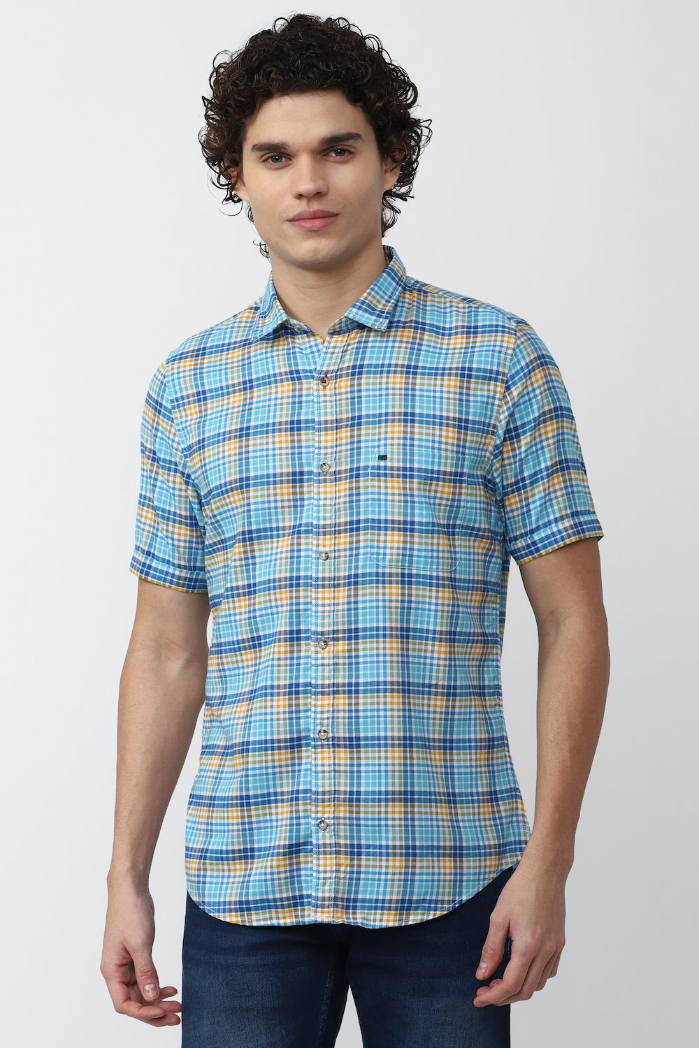 Men Blue Super Slim Fit Check Half Sleeves Casual Shirt