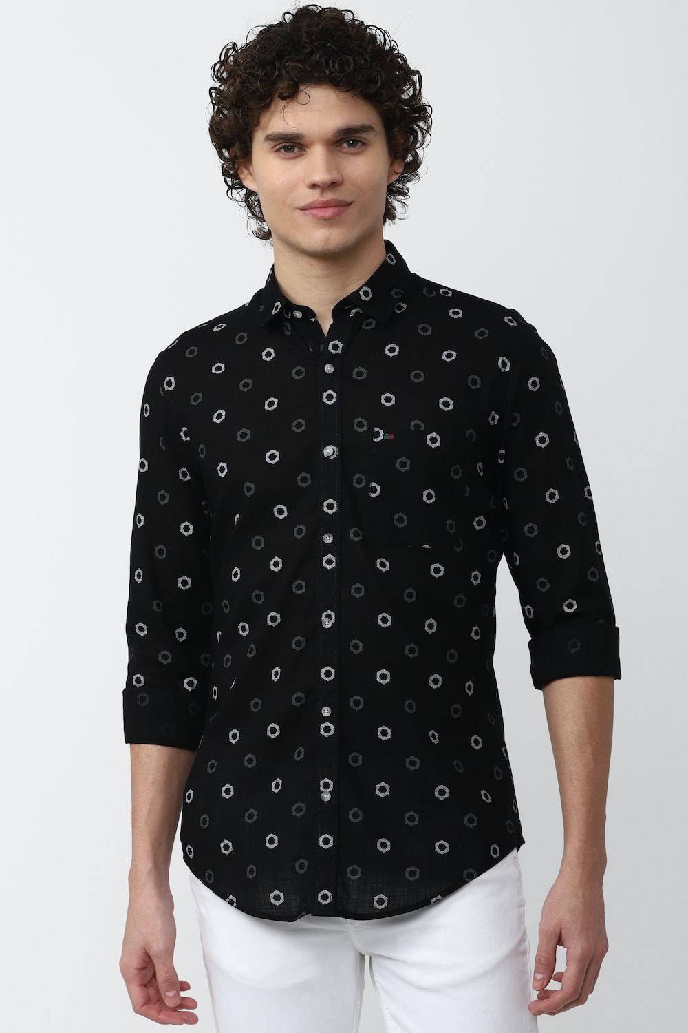 Men Black Super Slim Fit Print Full Sleeves Casual Shirt