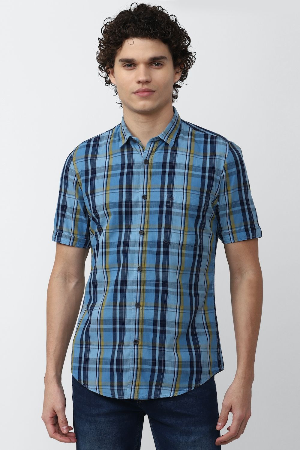 Men Blue Super Slim Fit Check Half Sleeves Casual Shirt
