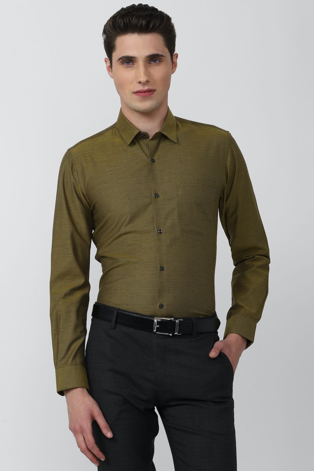Men Olive Slim Fit Formal Full Sleeves Formal Shirt