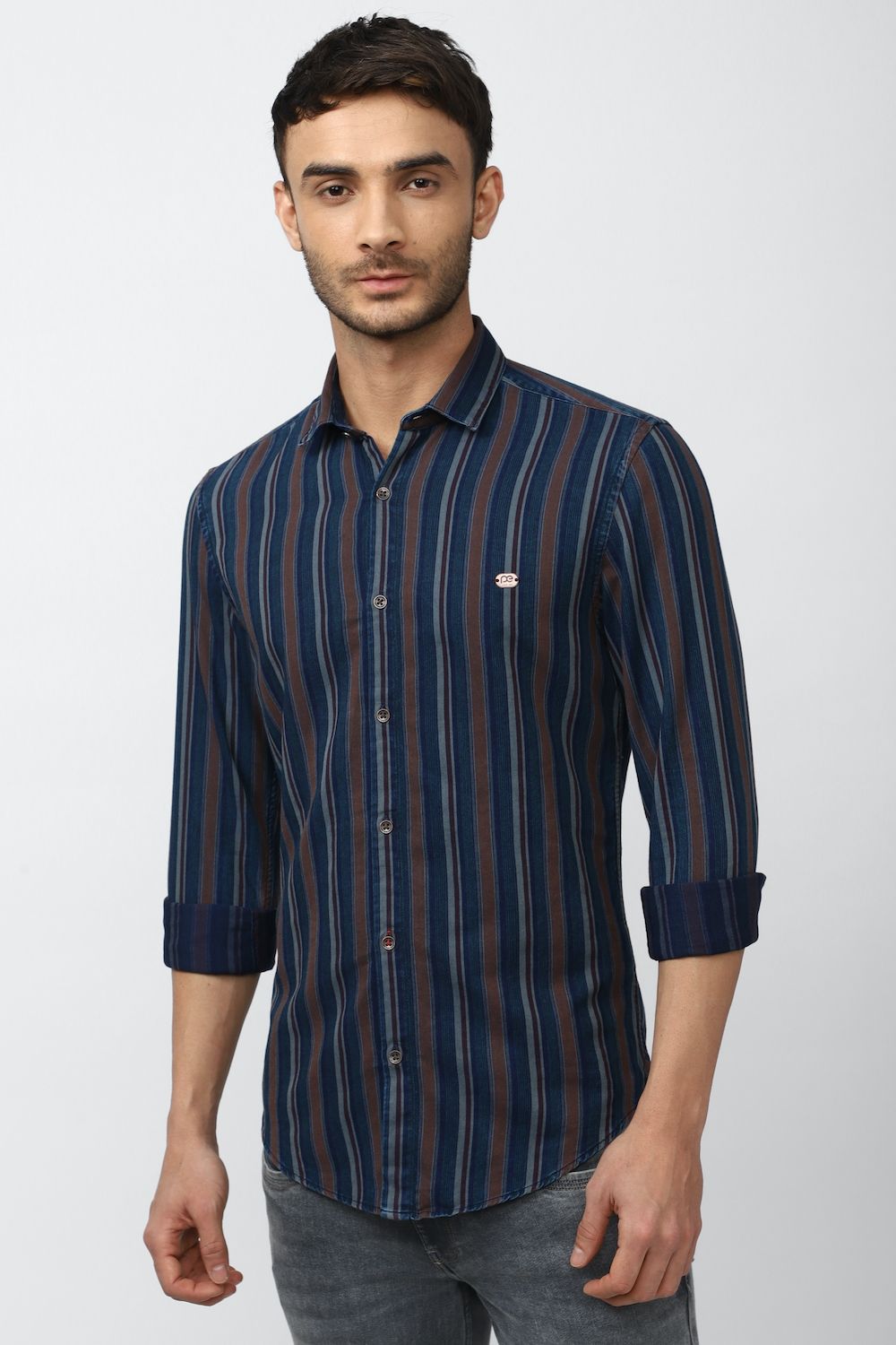 Men Navy Super Slim Fit Stripe Full Sleeves Casual Shirt