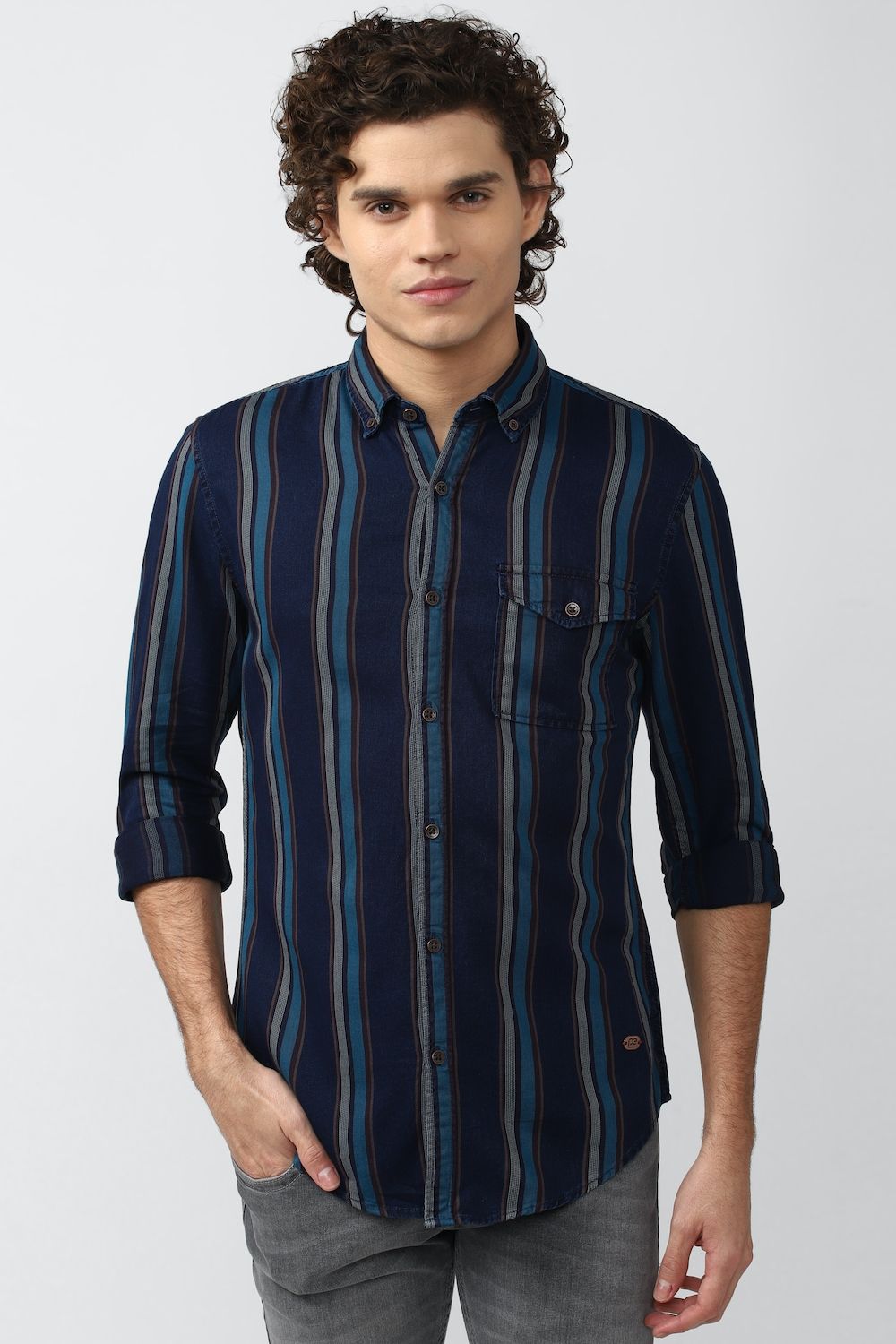 Men Navy Super Slim Fit Stripe Full Sleeves Casual Shirt