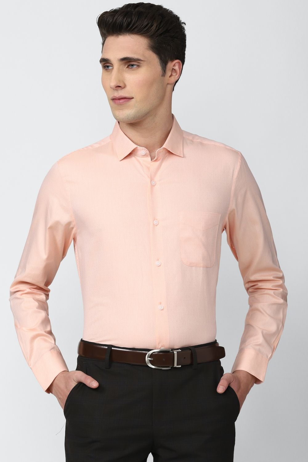 Men Peach Slim Fit Formal Full Sleeves Formal Shirt