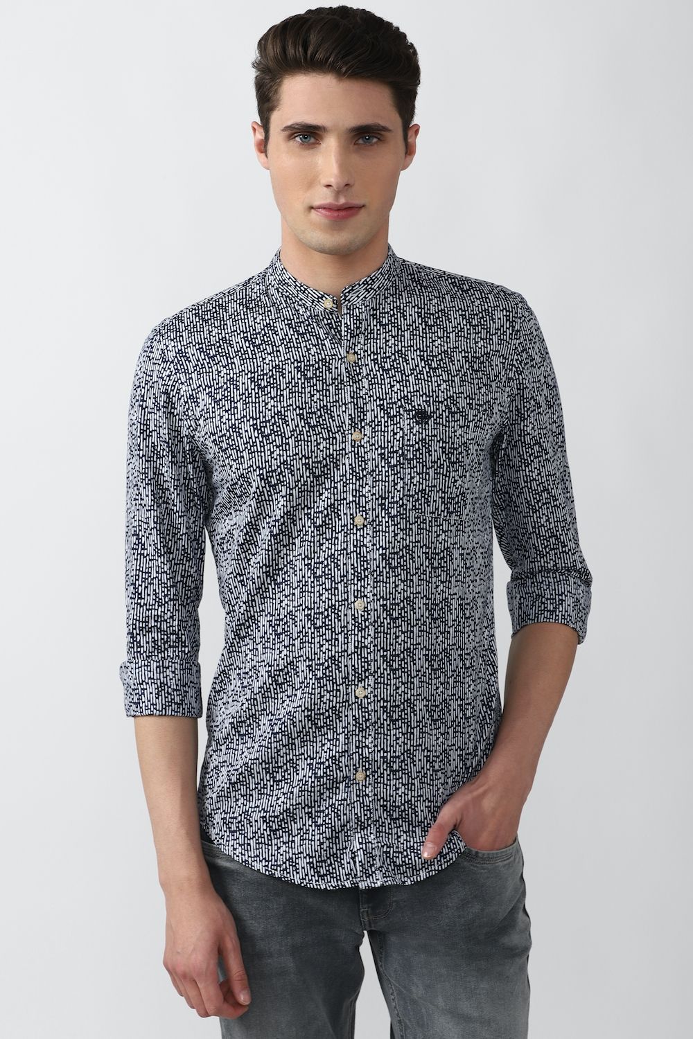 Men Grey Super Slim Fit Print Full Sleeves Casual Shirt