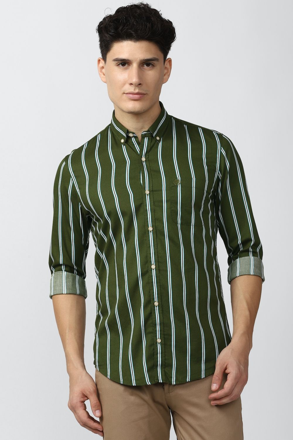 Men Olive Super Slim Fit Stripe Full Sleeves Casual Shirt