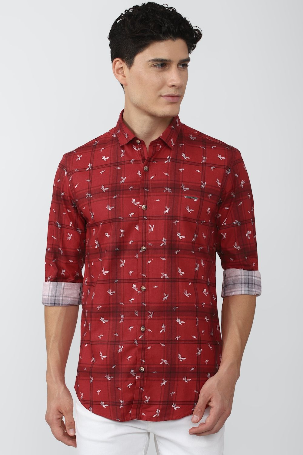Men Red Slim Fit Check Full Sleeves Casual Shirt