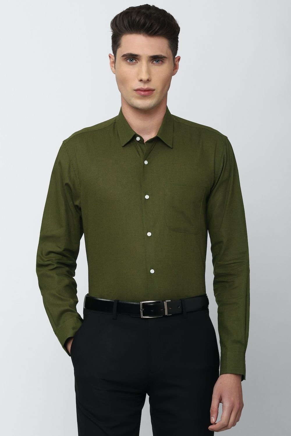 Men Olive Regular Fit Formal Full Sleeves Formal Shirt