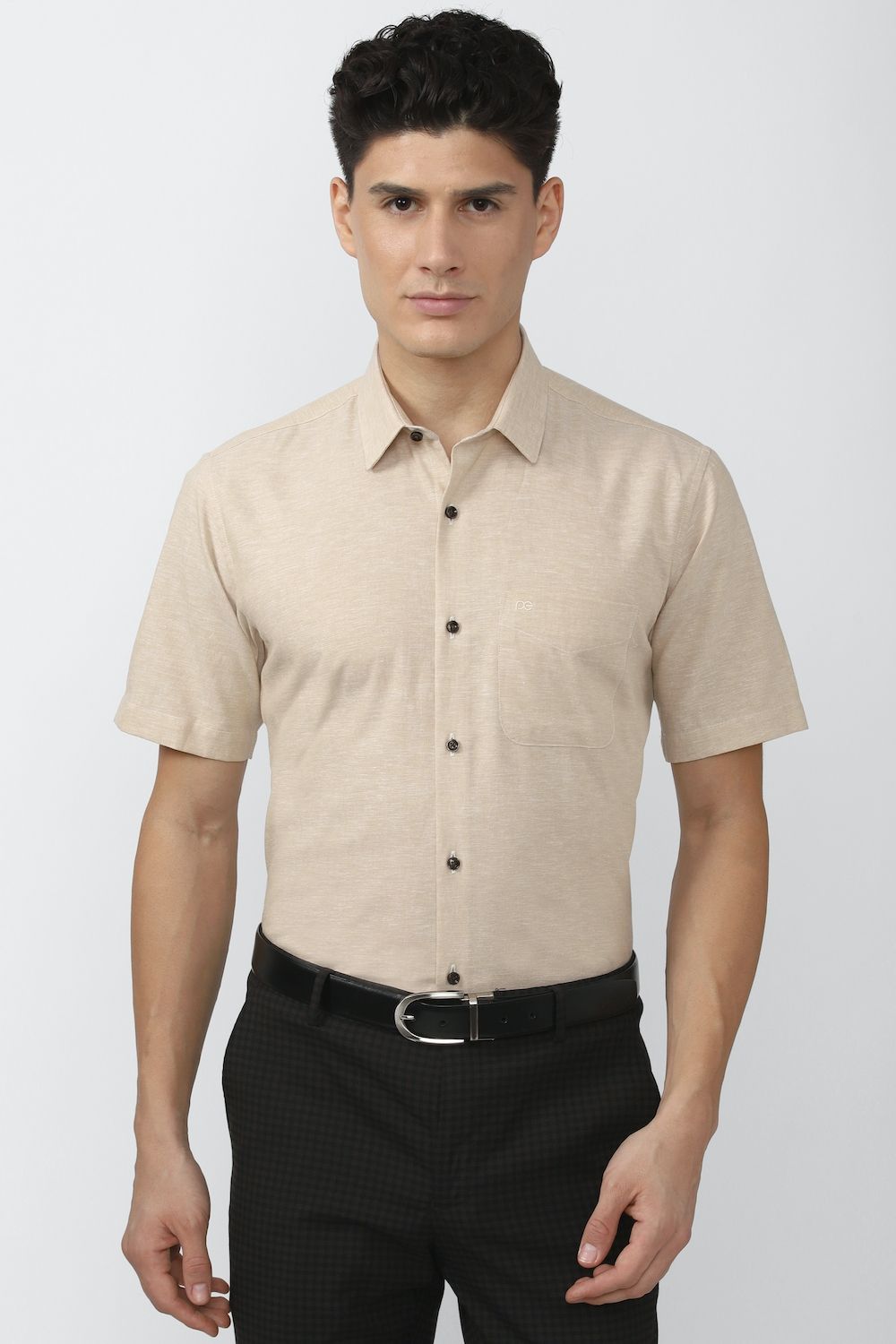 Men Beige Regular Fit Formal Half Sleeves Formal Shirt