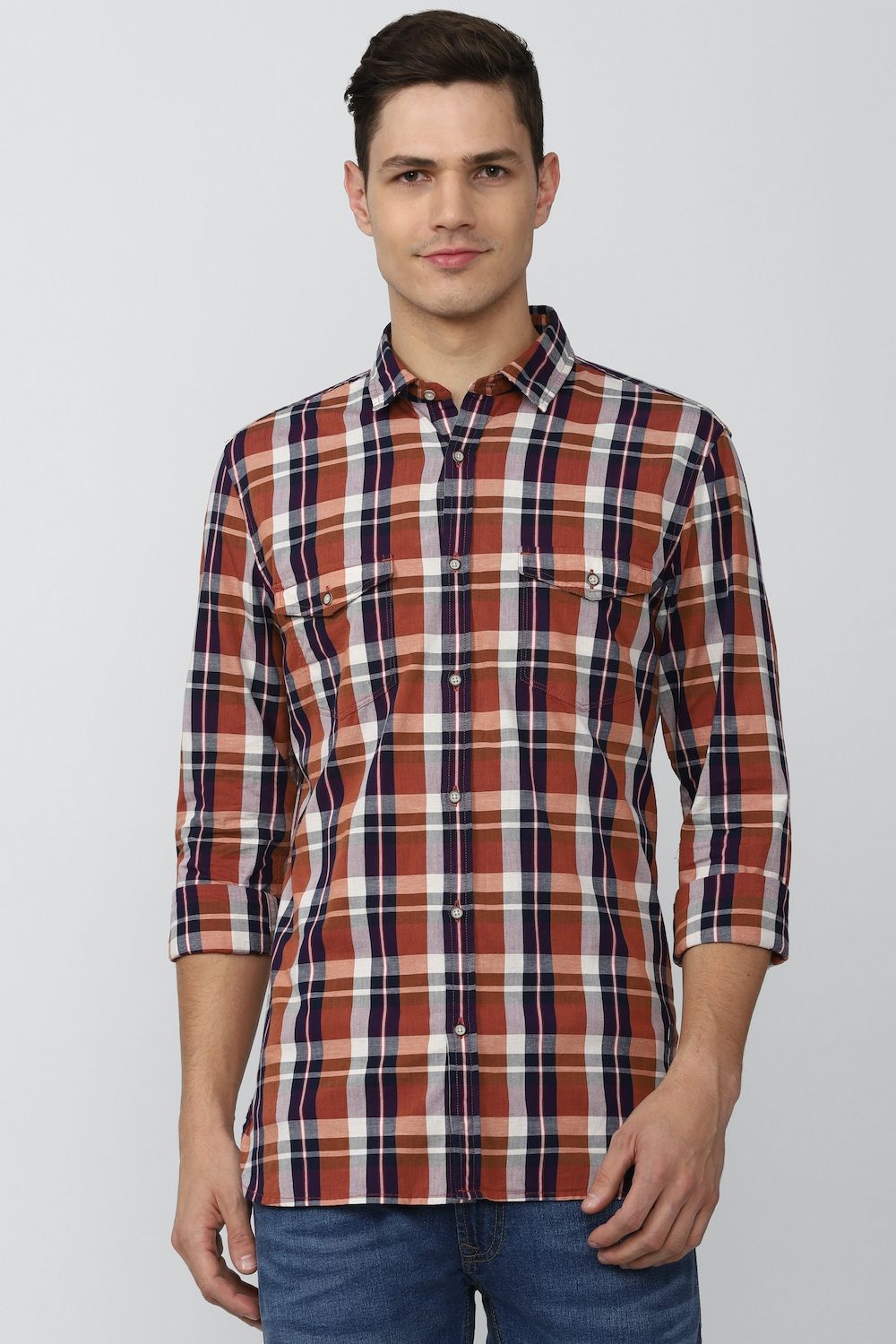 Men Brown Super Slim Fit Check Full Sleeves Casual Shirt