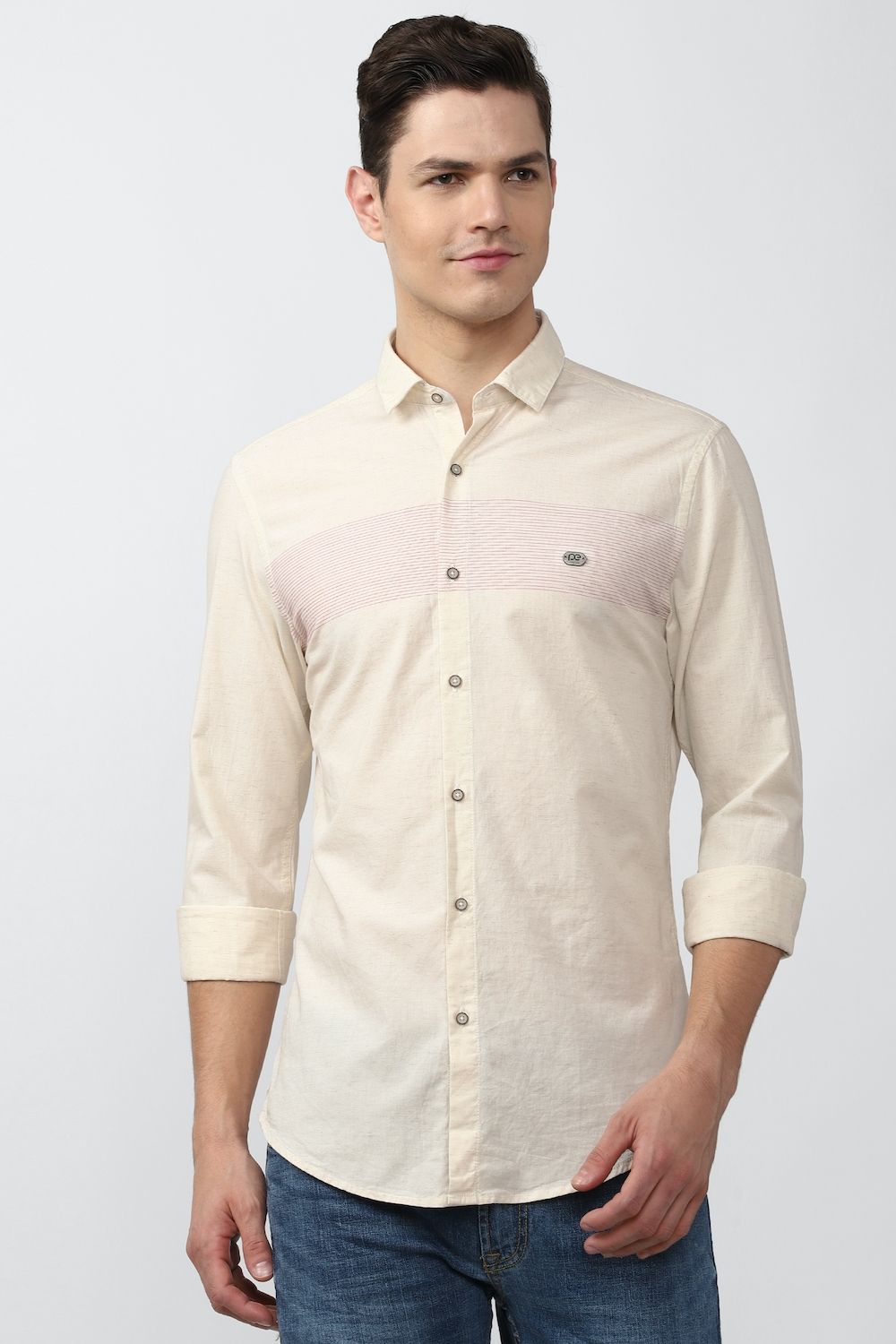 Men Beige Super Slim Fit Textured Full Sleeves Casual Shirt