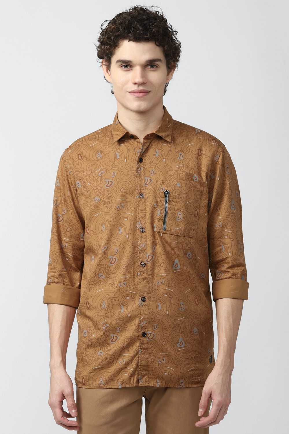 Men Brown Slim Fit Print Full Sleeves Casual Shirt