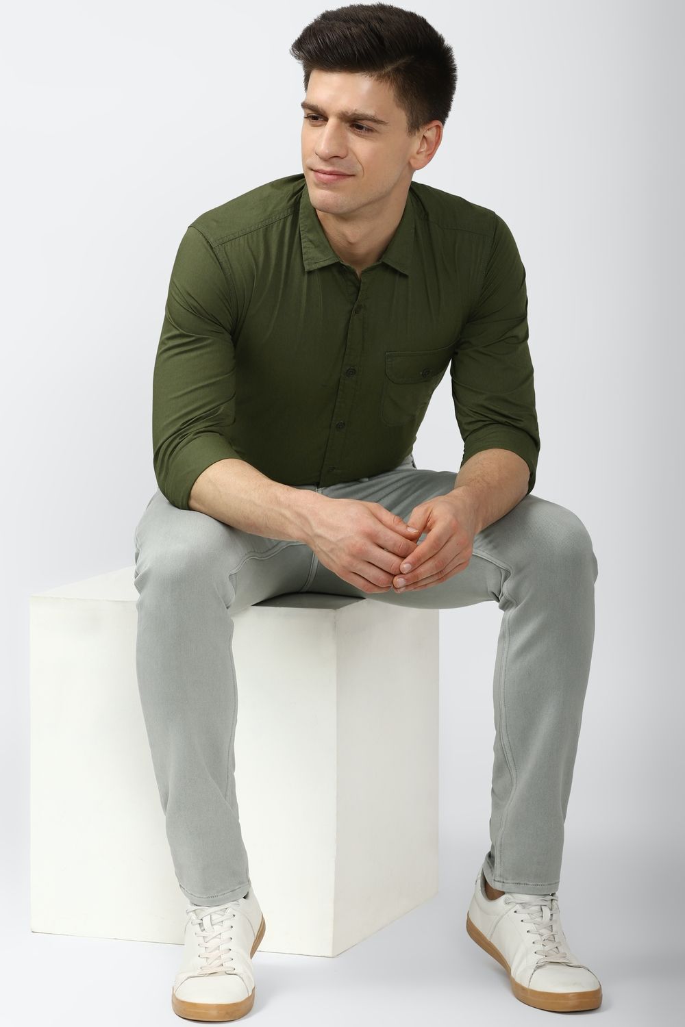 Men Olive Super Slim Fit Solid Full Sleeves Casual Shirt