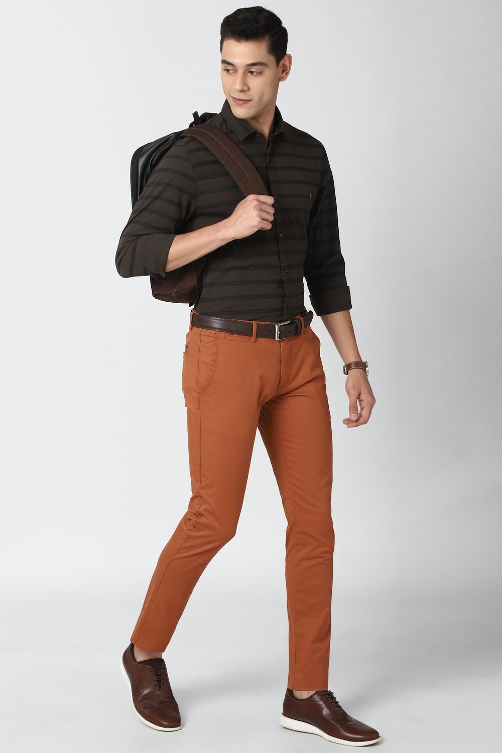 Men Brown Super Slim Fit Stripe Full Sleeves Casual Shirt