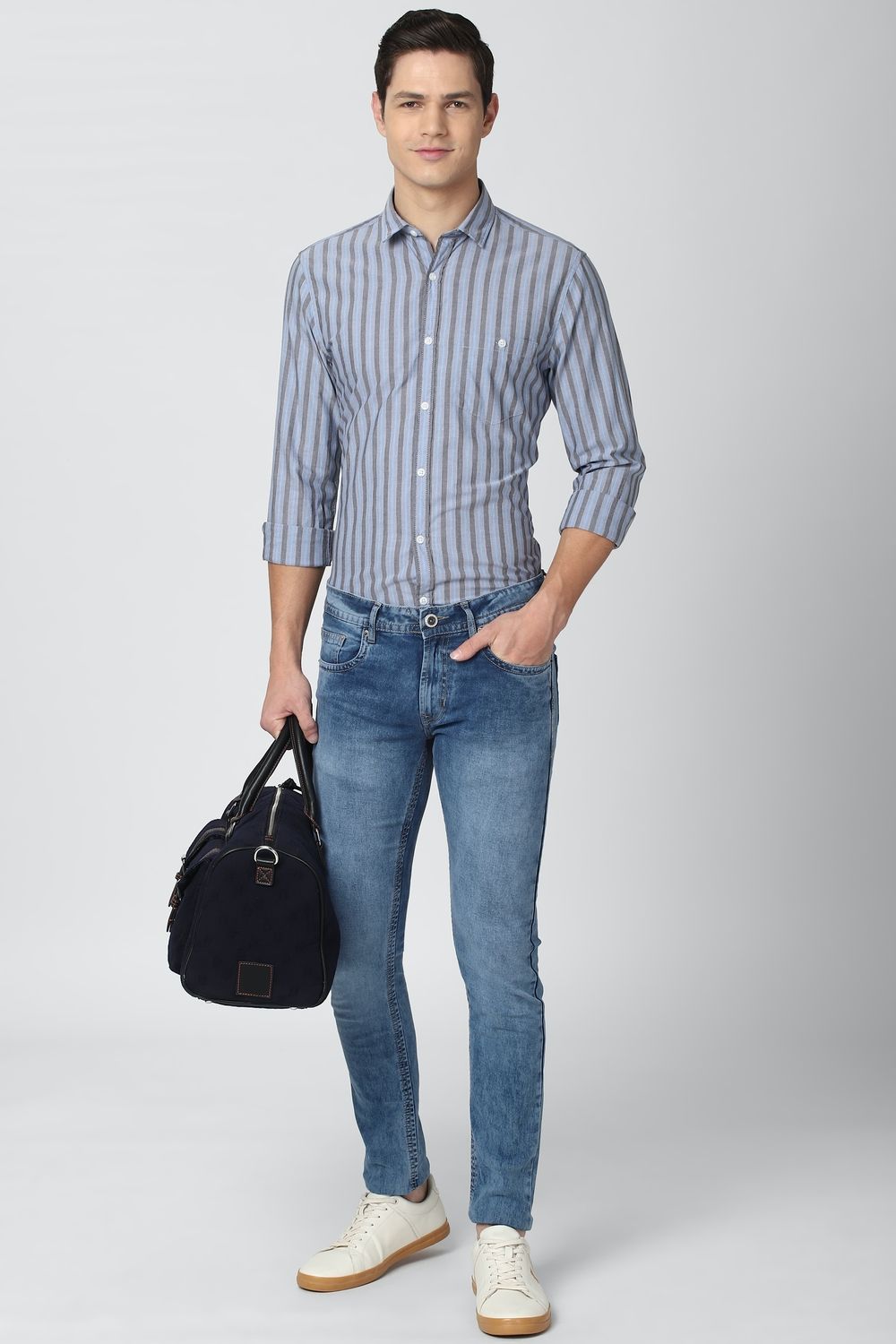 Men Blue Super Slim Fit Stripe Full Sleeves Casual Shirt