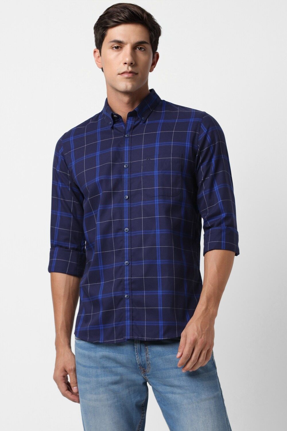 Men Navy Slim Fit Check Full Sleeves Casual Shirt