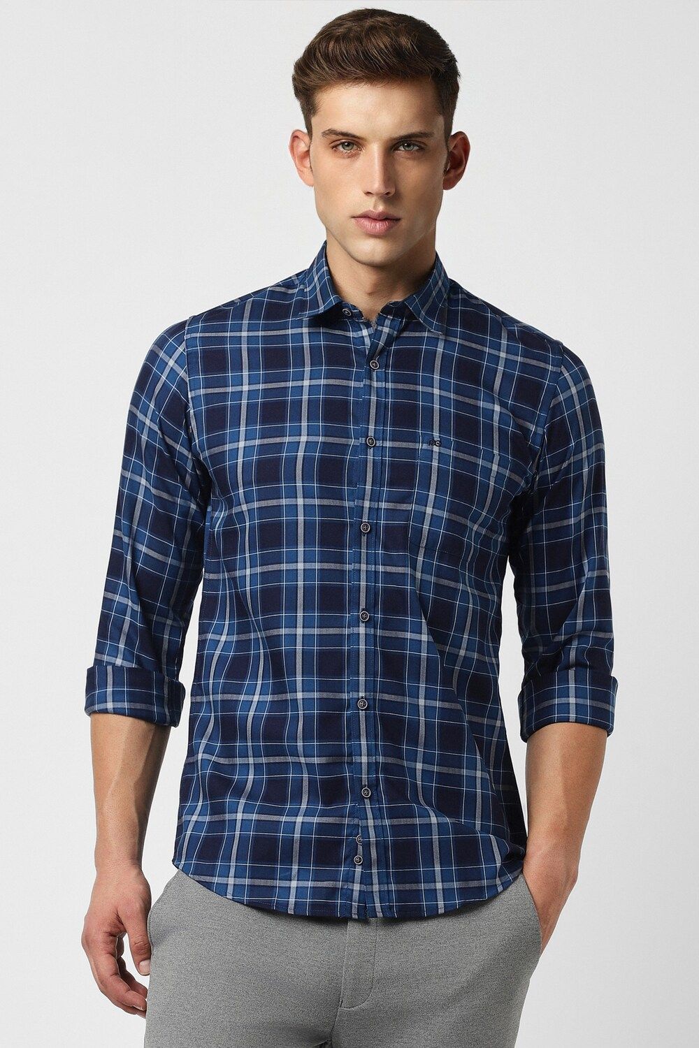 Men Navy Slim Fit Check Full Sleeves Casual Shirt
