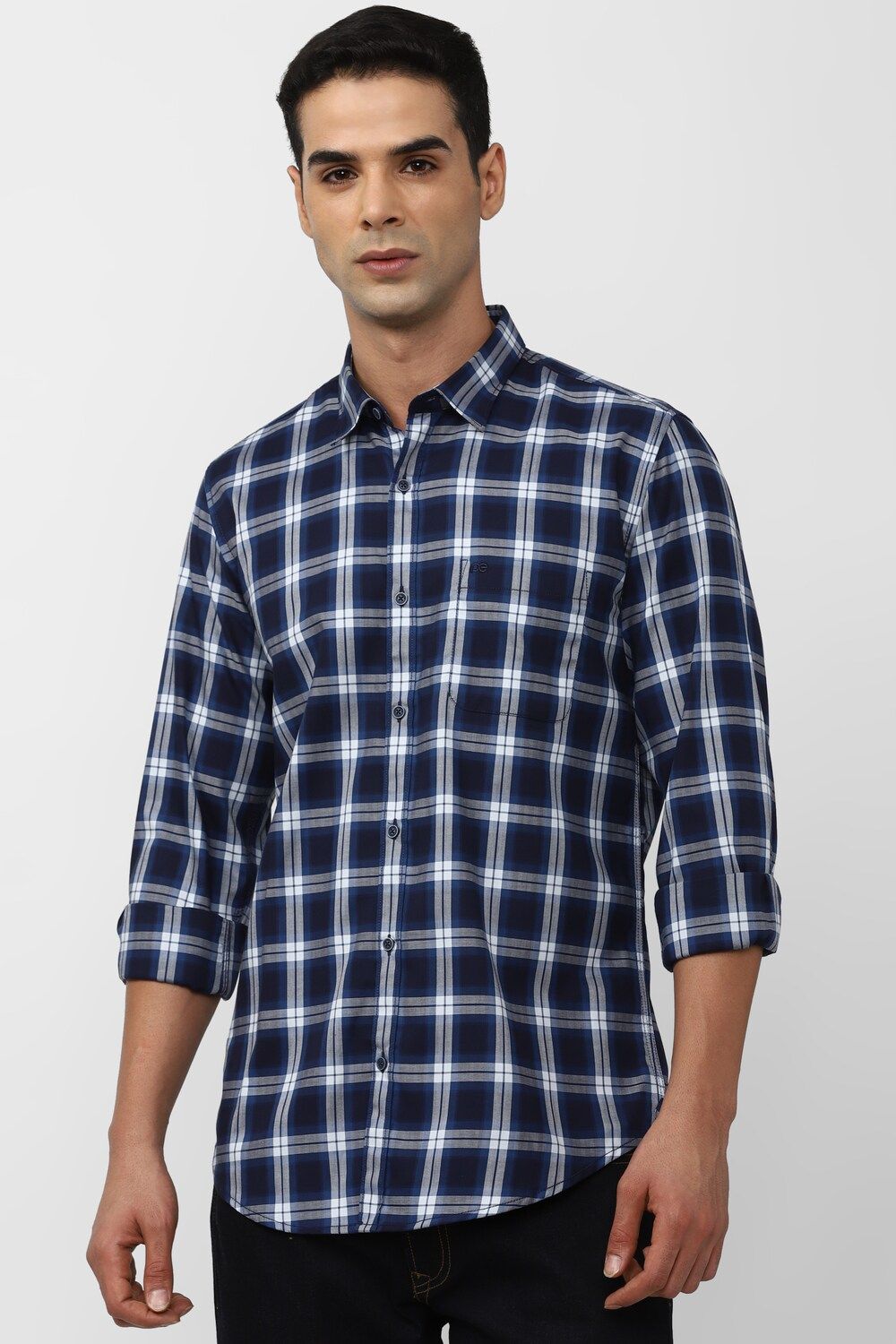 Men Navy Slim Fit Check Full Sleeves Casual Shirt