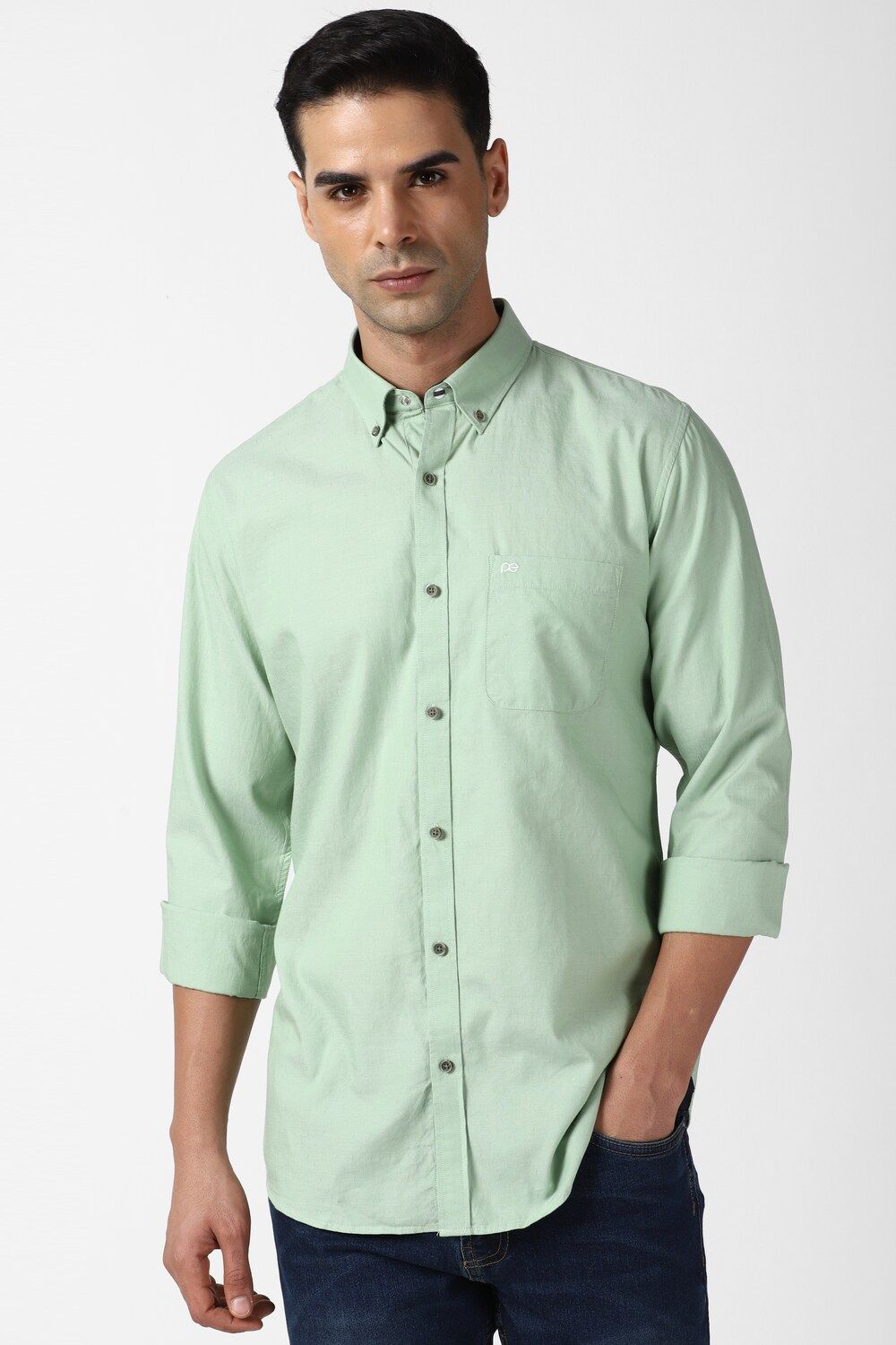 Men Green Slim Fit Solid Full Sleeves Casual Shirt