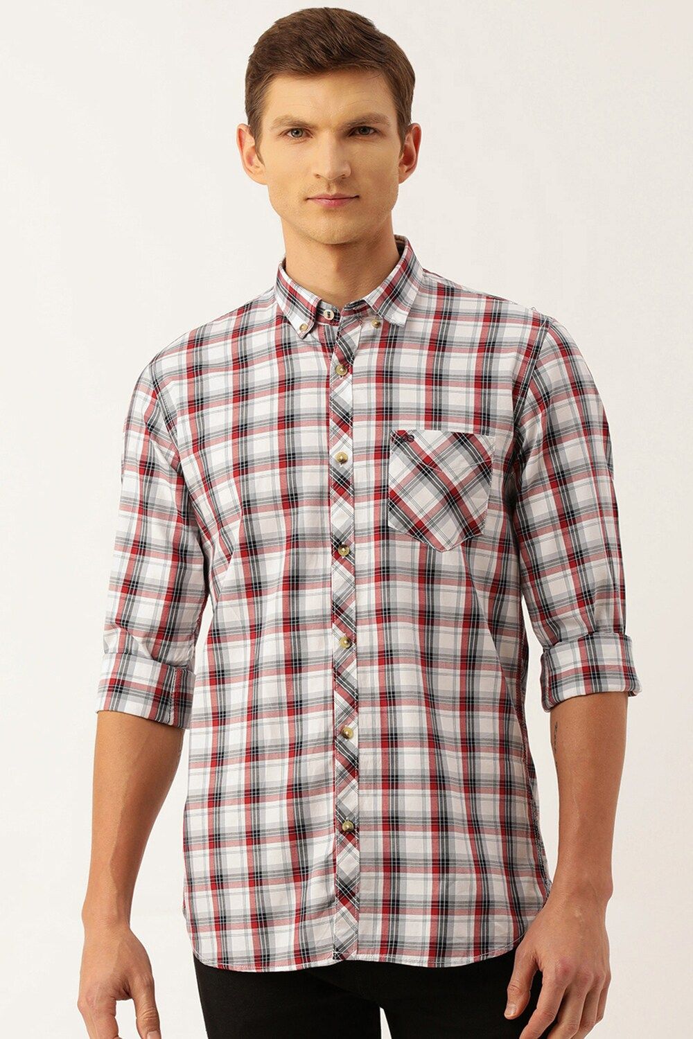 Men White Slim Fit Check Full Sleeves Casual Shirt
