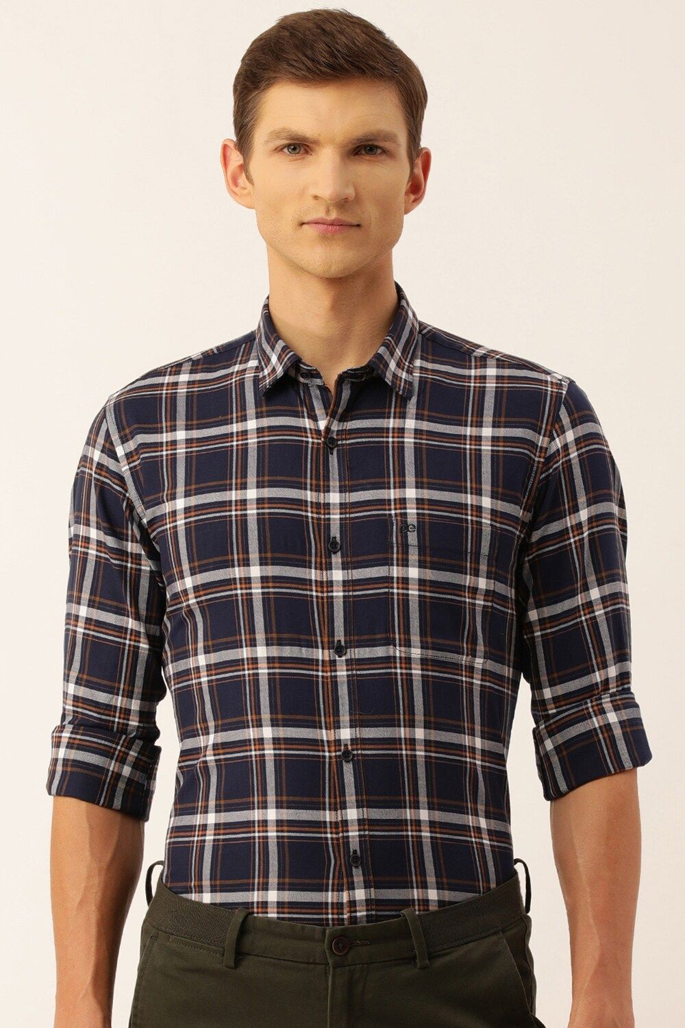 Men Navy Slim Fit Check Full Sleeves Casual Shirt