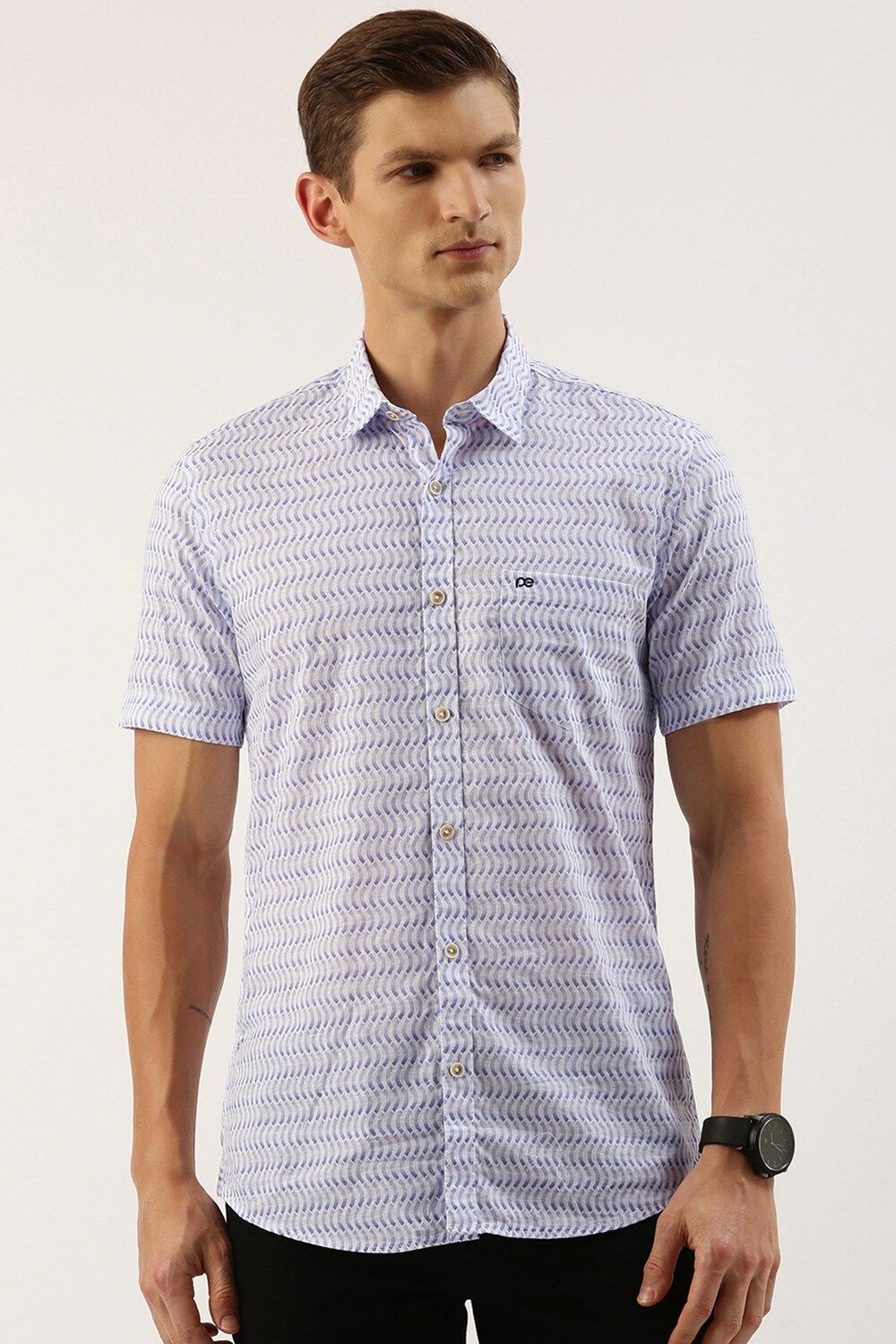 Men Blue Slim Fit Print Half Sleeves Casual Shirt